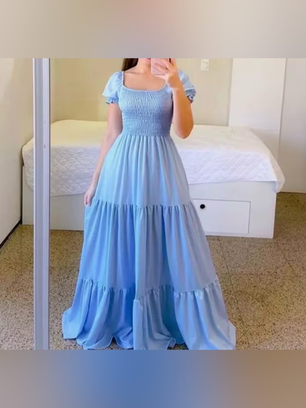 Elegant Light Blue Smocked Maxi Dress - Women